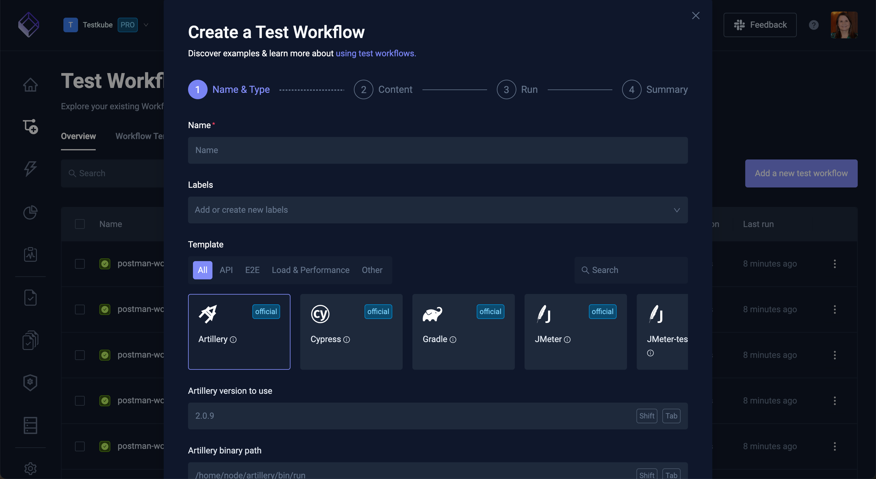 Create Test Workflow Wizard